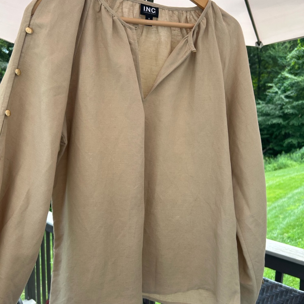 INC International Concepts Women's Beige Blouse with Gold Button Accents